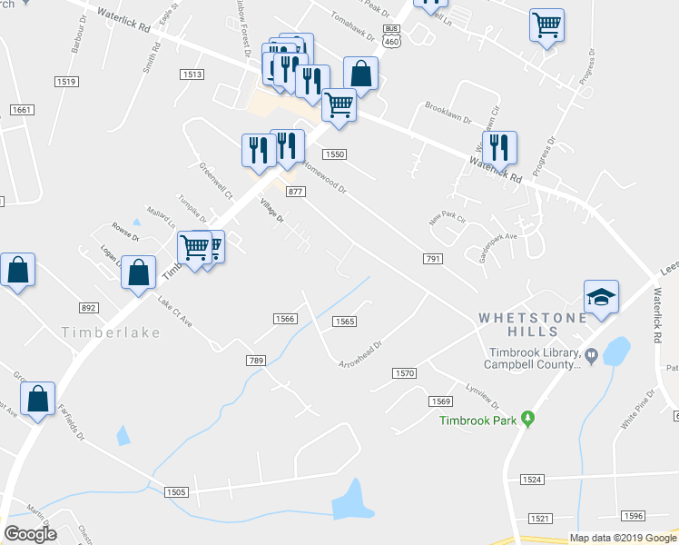 map of restaurants, bars, coffee shops, grocery stores, and more near 128 Brambleridge Court in Timberlake