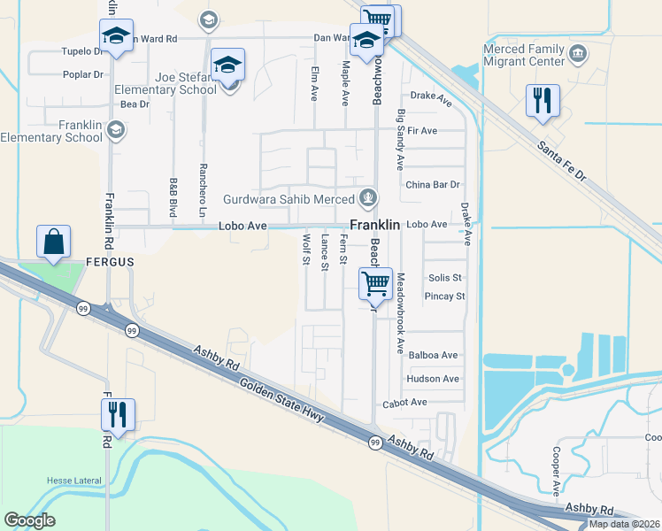 map of restaurants, bars, coffee shops, grocery stores, and more near 2396 Fern Street in Merced
