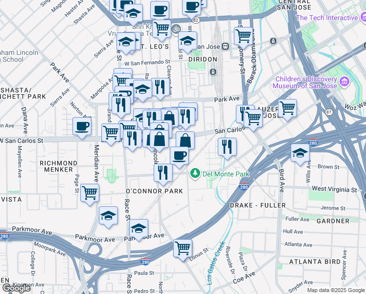 map of restaurants, bars, coffee shops, grocery stores, and more near 325 Sunol Street in San Jose