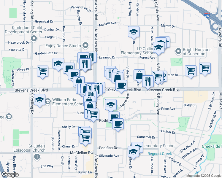 map of restaurants, bars, coffee shops, grocery stores, and more near 20380 Stevens Creek Boulevard in Cupertino