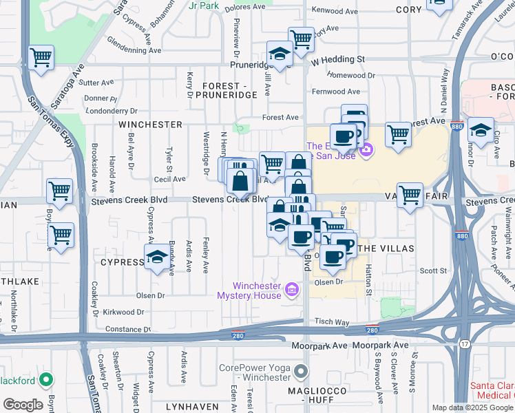 map of restaurants, bars, coffee shops, grocery stores, and more near 3190 Stevens Creek Boulevard in San Jose