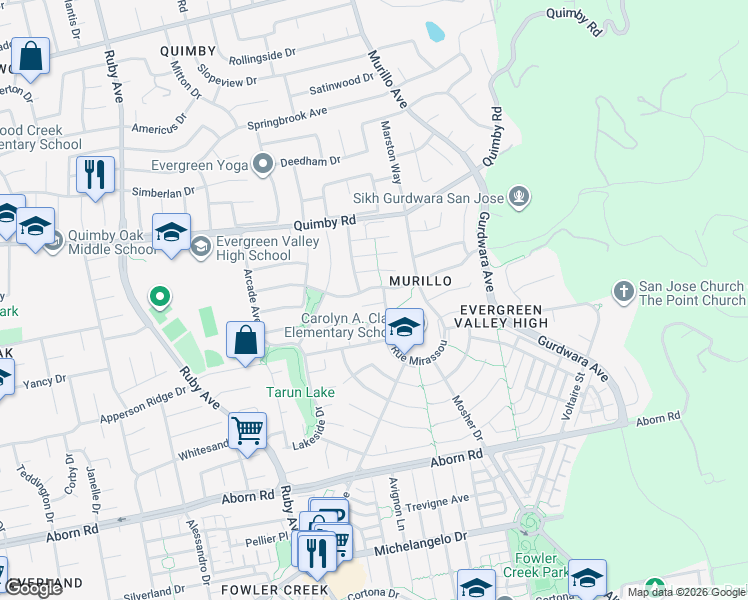 map of restaurants, bars, coffee shops, grocery stores, and more near 3425 Wasson Court in San Jose