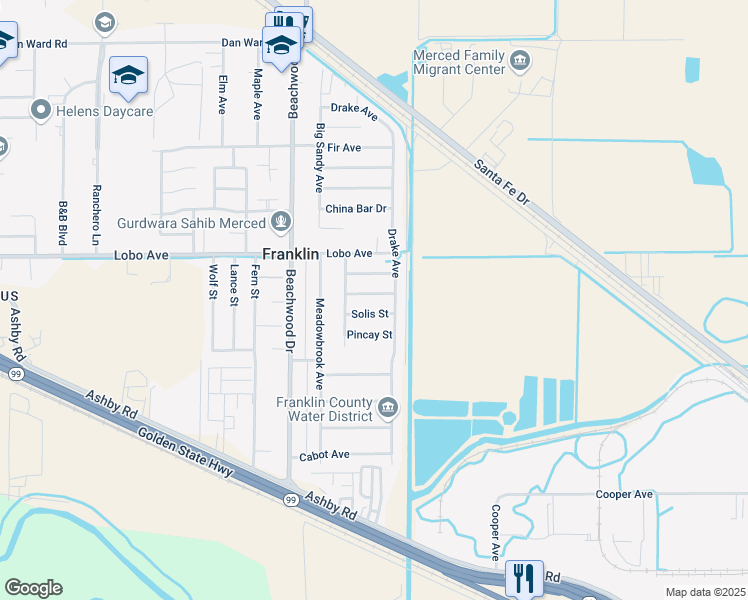 map of restaurants, bars, coffee shops, grocery stores, and more near 2091 Chesler Street in Merced