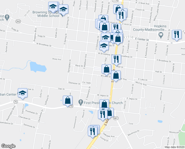 map of restaurants, bars, coffee shops, grocery stores, and more near 400 South Seminary Street in Madisonville