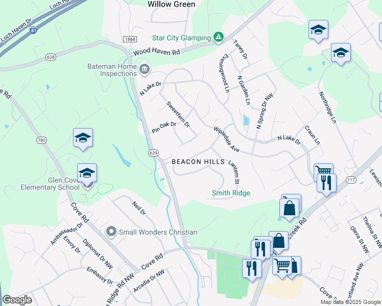 map of restaurants, bars, coffee shops, grocery stores, and more near 5505 Twilight Road in Roanoke