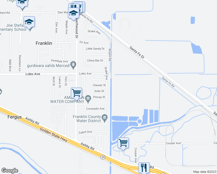 map of restaurants, bars, coffee shops, grocery stores, and more near 2394 Drake Avenue in Merced