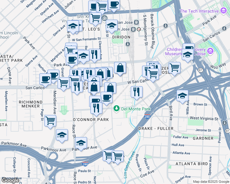 map of restaurants, bars, coffee shops, grocery stores, and more near 800 West San Carlos Street in San Jose