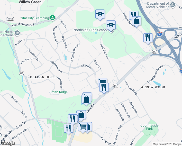 map of restaurants, bars, coffee shops, grocery stores, and more near 3118 Northside Rd in Roanoke