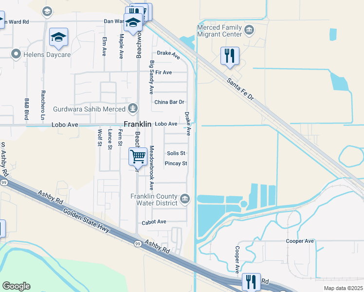 map of restaurants, bars, coffee shops, grocery stores, and more near 2075 Chesler Street in Merced