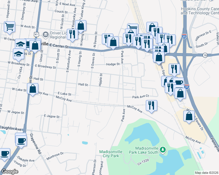 map of restaurants, bars, coffee shops, grocery stores, and more near 598 Hall St in Madisonville