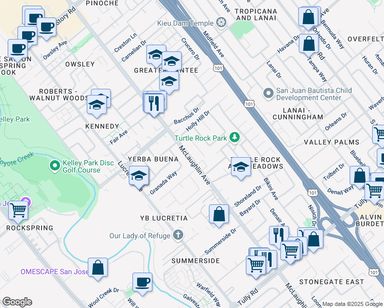 map of restaurants, bars, coffee shops, grocery stores, and more near 1920 McLaughlin Avenue in San Jose
