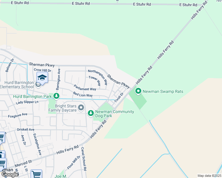 map of restaurants, bars, coffee shops, grocery stores, and more near 203 Parliament Way in Newman