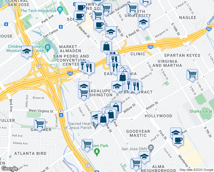 map of restaurants, bars, coffee shops, grocery stores, and more near 100 W Virginia St in San Jose