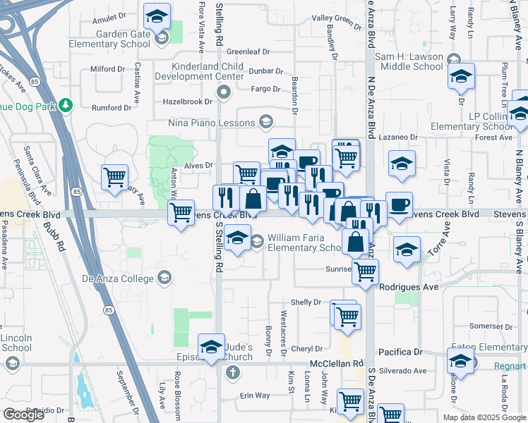 map of restaurants, bars, coffee shops, grocery stores, and more near Stevens Creek Boulevard in Cupertino