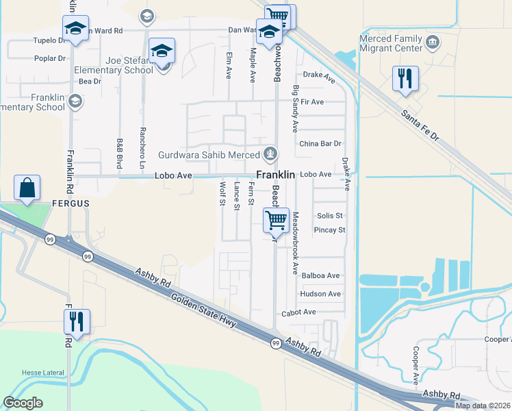 map of restaurants, bars, coffee shops, grocery stores, and more near 2396 Fern Street in Merced