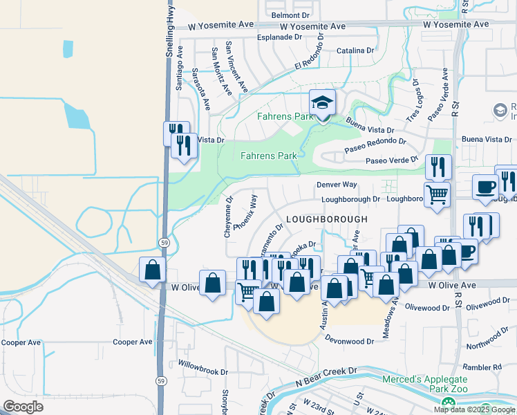 map of restaurants, bars, coffee shops, grocery stores, and more near 3282 Phoenix Way in Merced