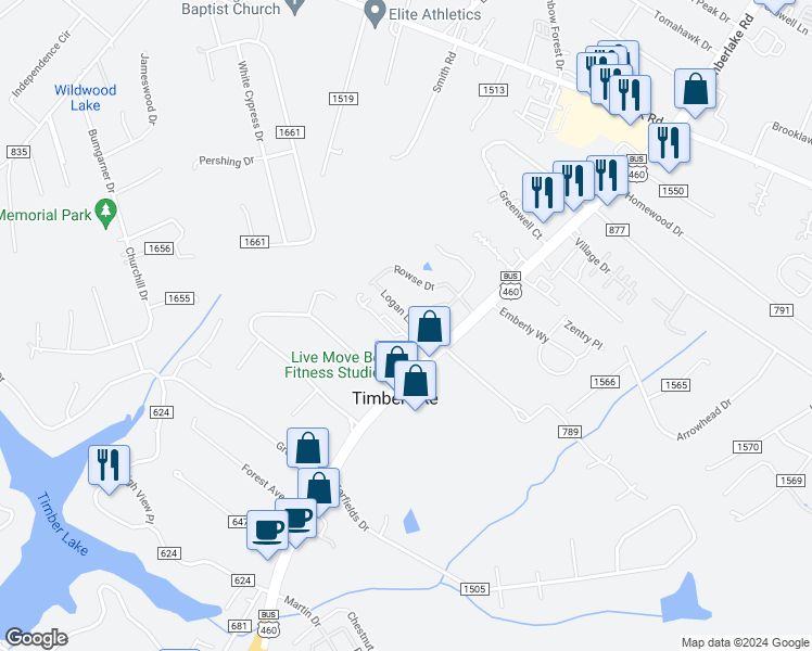 map of restaurants, bars, coffee shops, grocery stores, and more near 32 Logan Lane in Lynchburg