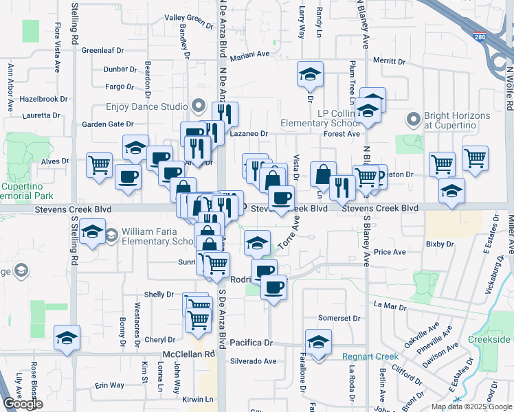 map of restaurants, bars, coffee shops, grocery stores, and more near 20381 Stevens Creek Boulevard in Cupertino