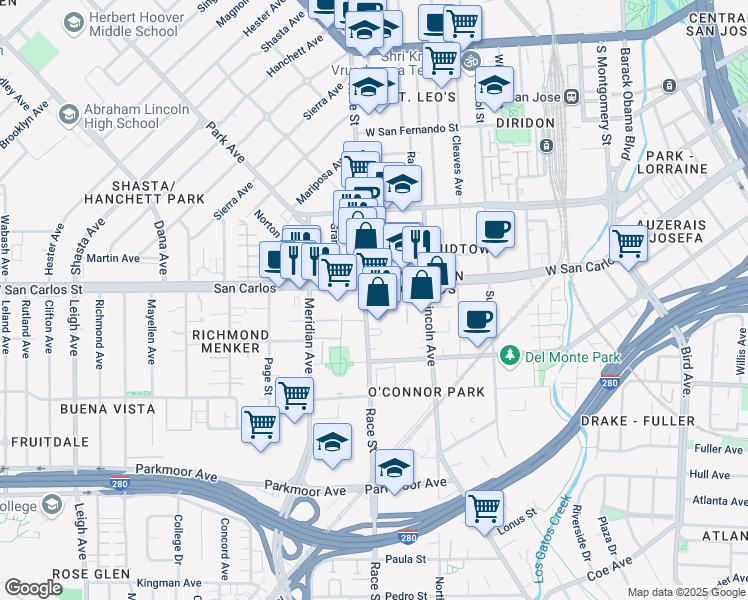map of restaurants, bars, coffee shops, grocery stores, and more near 1290 West San Carlos Street in San Jose