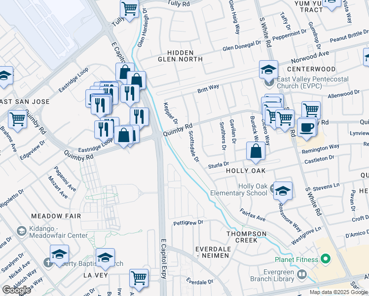 map of restaurants, bars, coffee shops, grocery stores, and more near 2389 Lanham Court in San Jose