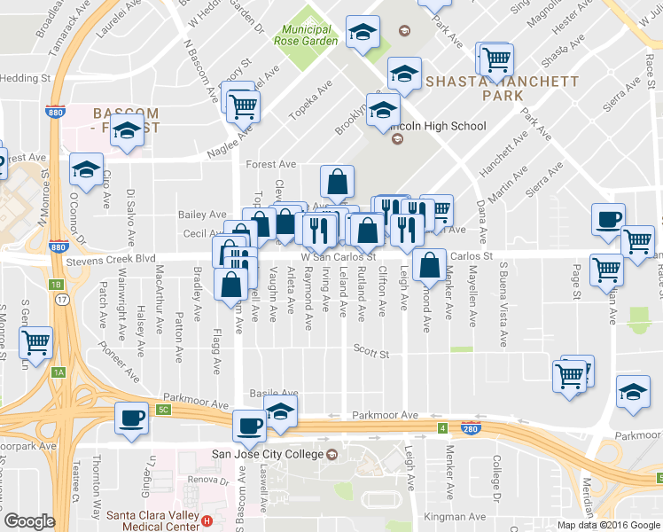 map of restaurants, bars, coffee shops, grocery stores, and more near 320 Irving Avenue in San Jose