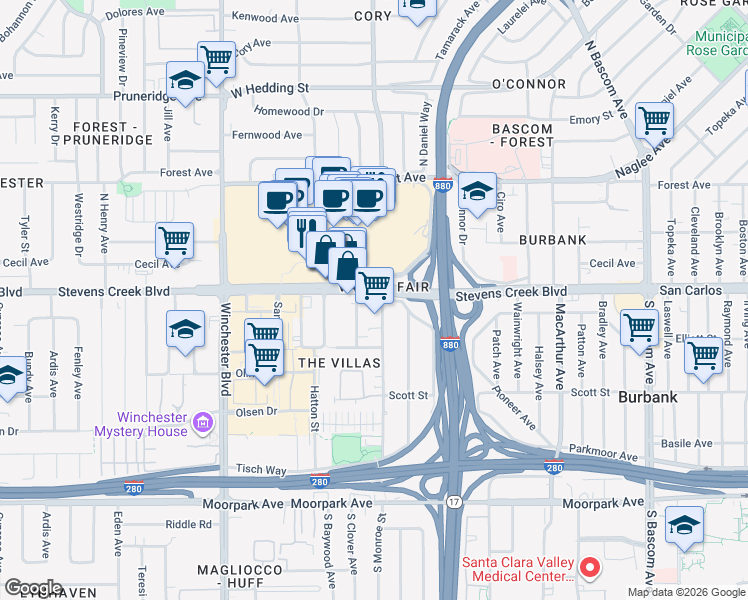 map of restaurants, bars, coffee shops, grocery stores, and more near 2812 Stevens Creek Boulevard in San Jose