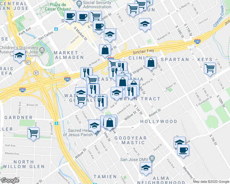 map of restaurants, bars, coffee shops, grocery stores, and more near 70 West Virginia Street in San Jose
