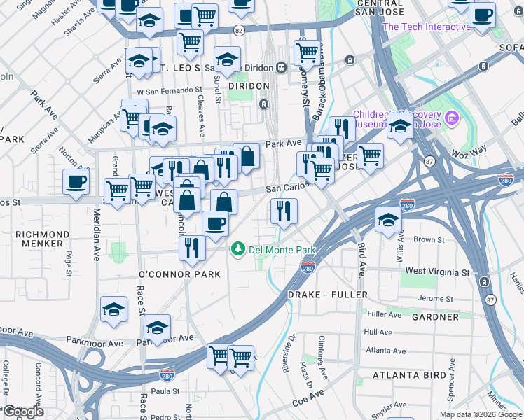 map of restaurants, bars, coffee shops, grocery stores, and more near 331 Bautista Place in San Jose