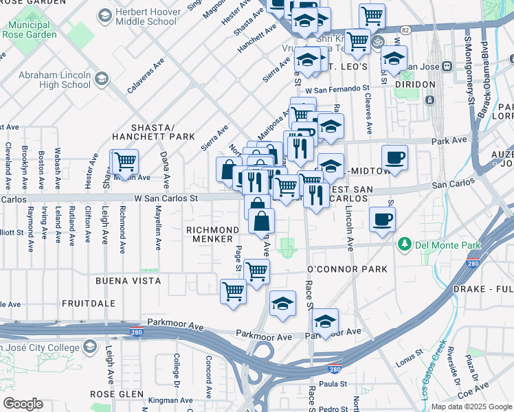map of restaurants, bars, coffee shops, grocery stores, and more near in San Jose
