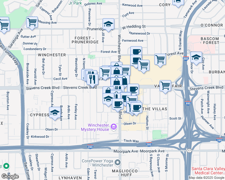 map of restaurants, bars, coffee shops, grocery stores, and more near 3136 Stevens Creek Boulevard in San Jose