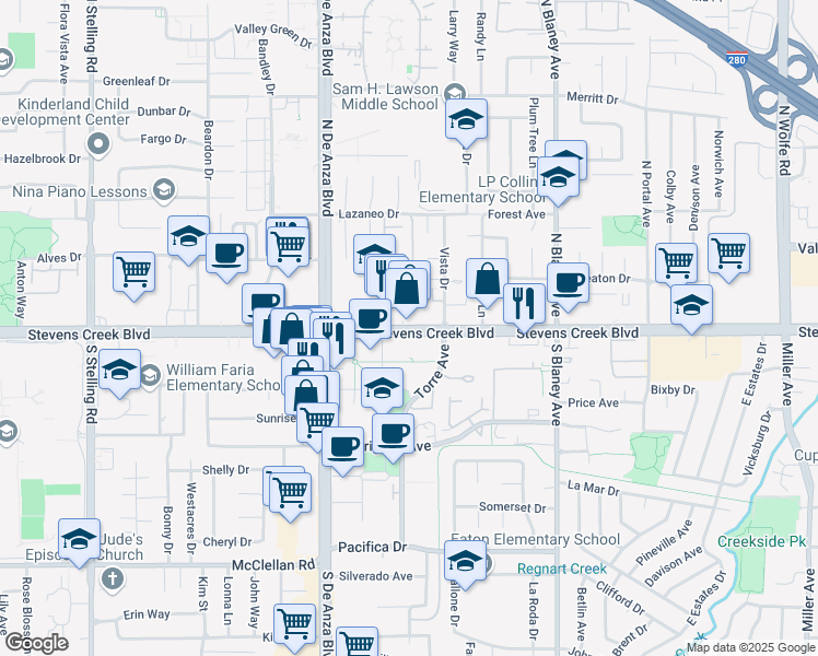map of restaurants, bars, coffee shops, grocery stores, and more near 20381 Stevens Creek Boulevard in Cupertino