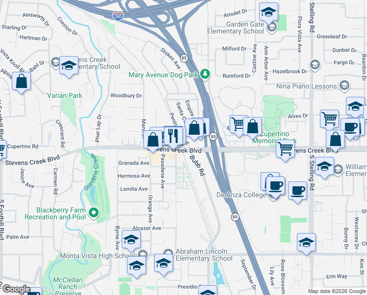 map of restaurants, bars, coffee shops, grocery stores, and more near 10201 Torre Avenue in Cupertino