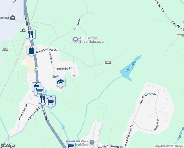 map of restaurants, bars, coffee shops, grocery stores, and more near 49 Franklin Drive in Lynchburg