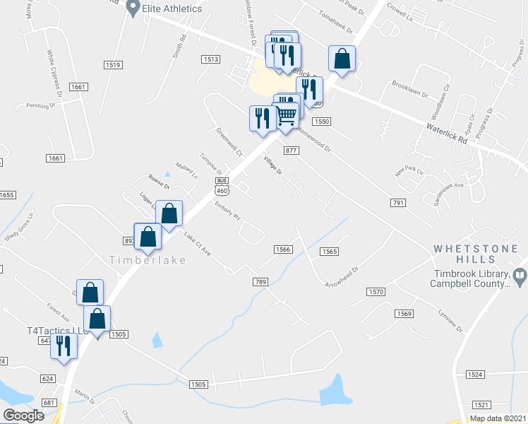 map of restaurants, bars, coffee shops, grocery stores, and more near 21934 Timberlake Road in Lynchburg