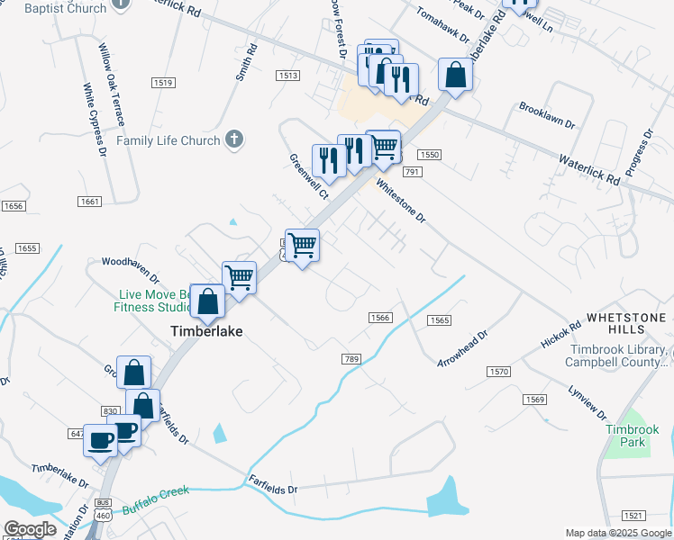 map of restaurants, bars, coffee shops, grocery stores, and more near 21934 Timberlake Road in Lynchburg