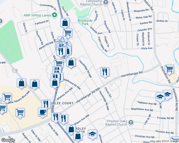 map of restaurants, bars, coffee shops, grocery stores, and more near 5011 Hazelridge Road Northwest in Roanoke