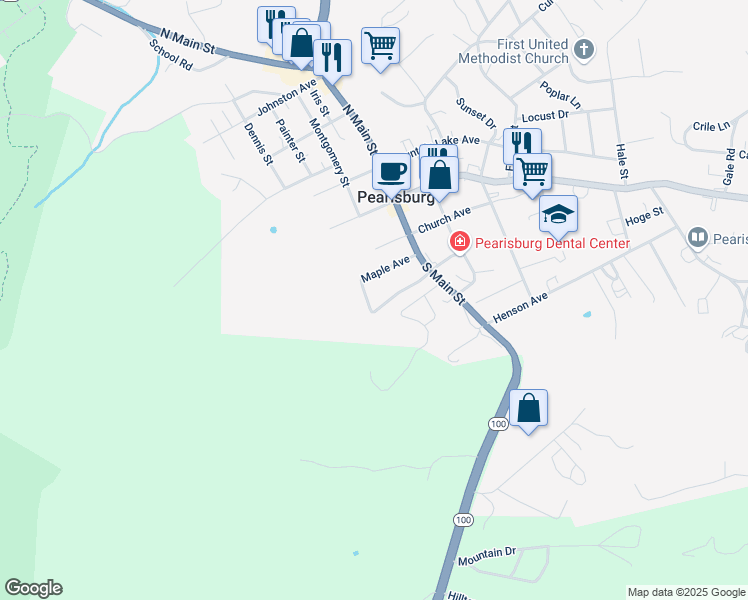 map of restaurants, bars, coffee shops, grocery stores, and more near 301-399 Walnut Road in Pearisburg