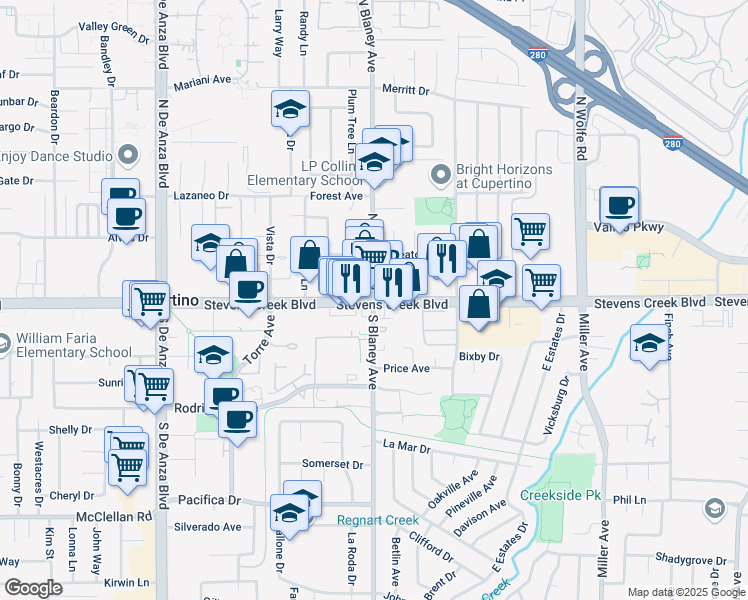 map of restaurants, bars, coffee shops, grocery stores, and more near Stevens Creek Blvd & S Blaney Ave in Cupertino
