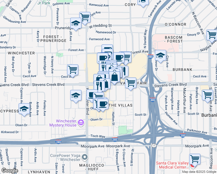 map of restaurants, bars, coffee shops, grocery stores, and more near 301 South Redwood Avenue in San Jose