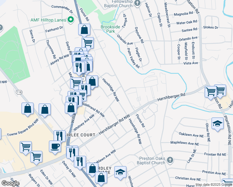 map of restaurants, bars, coffee shops, grocery stores, and more near 5011 Hazelridge Road Northwest in Roanoke