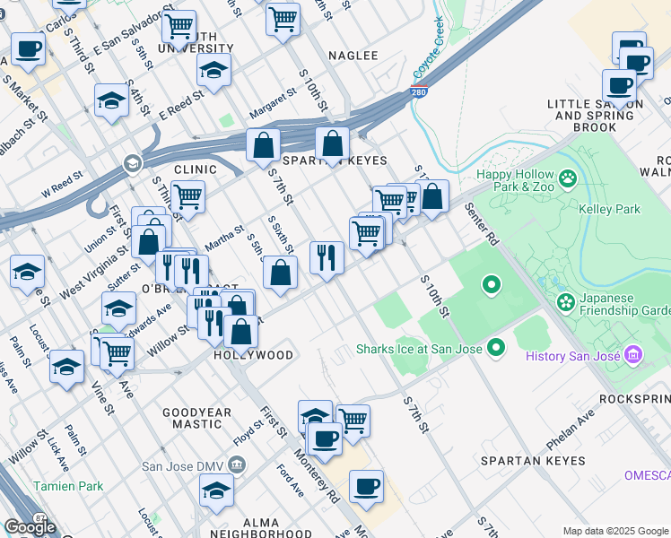 map of restaurants, bars, coffee shops, grocery stores, and more near 1094 South 7th Street in San Jose