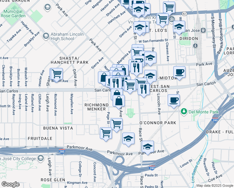 map of restaurants, bars, coffee shops, grocery stores, and more near 1432 West San Carlos Street in San Jose