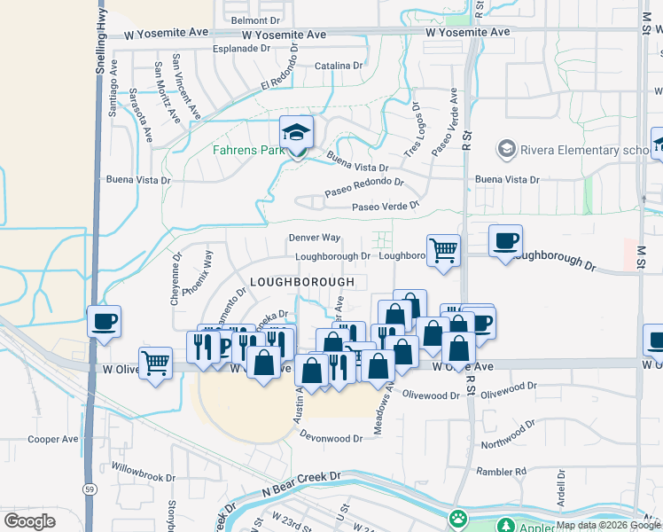 map of restaurants, bars, coffee shops, grocery stores, and more near 1428 Loughborough Drive in Merced