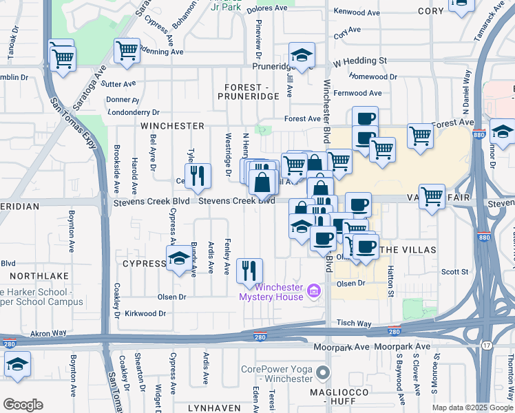 map of restaurants, bars, coffee shops, grocery stores, and more near 305 Rosewood Avenue in San Jose