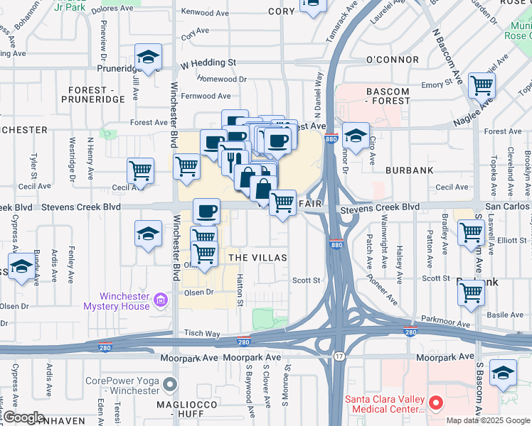 map of restaurants, bars, coffee shops, grocery stores, and more near 2850 Stevens Creek Boulevard in San Jose