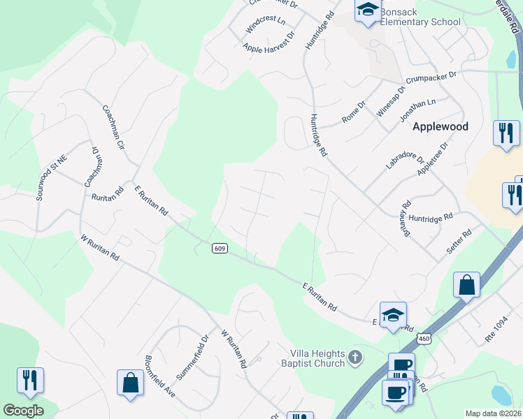 map of restaurants, bars, coffee shops, grocery stores, and more near 2741 Chateau Court in Roanoke