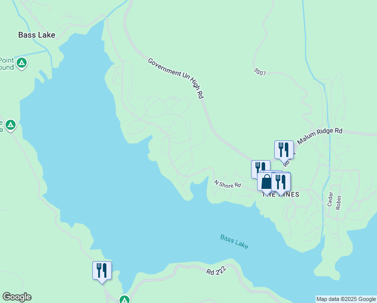map of restaurants, bars, coffee shops, grocery stores, and more near 39567 East Idylwild in Bass Lake