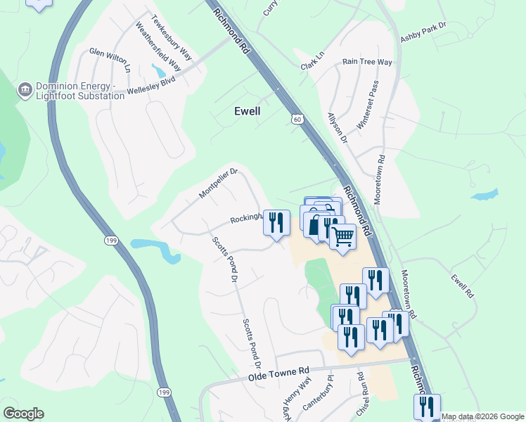 map of restaurants, bars, coffee shops, grocery stores, and more near 5800 Montpelier Drive in Williamsburg
