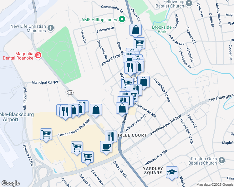 map of restaurants, bars, coffee shops, grocery stores, and more near 5316 Nelms Lane Northwest in Roanoke