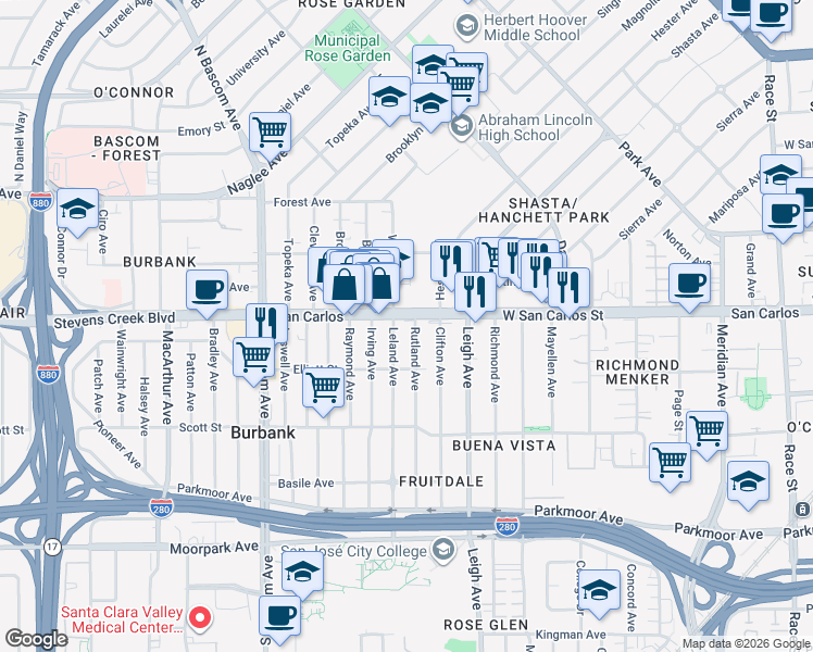 map of restaurants, bars, coffee shops, grocery stores, and more near 315 Rutland Avenue in San Jose